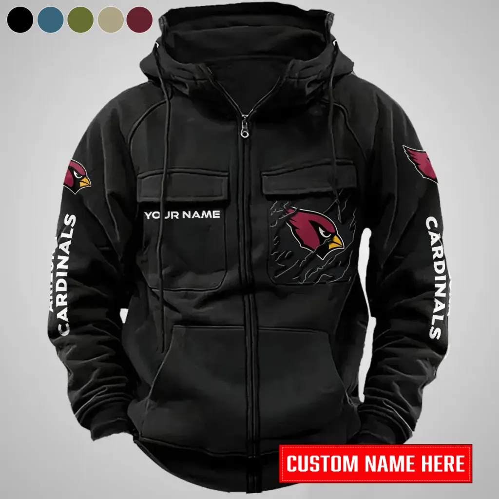 Arizona Cardinals Personalized Multi-Pocket Zip-Up Hoodie