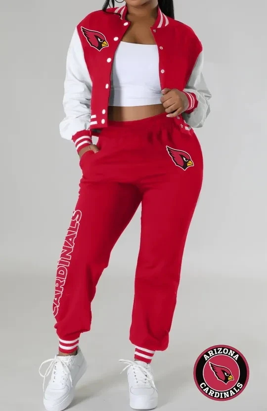 Arizona Cardinals Women’s Varsity Jacket, Crop Top And Sweatpants Tracksuit Set