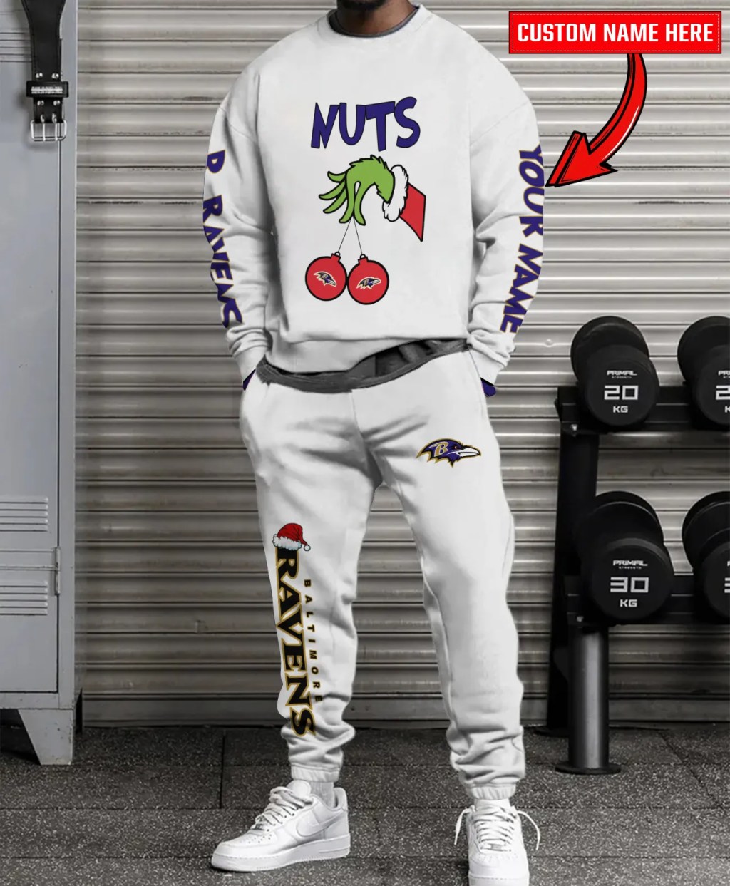 Baltimore Ravens Christmas Collection White Sweatshirt And Sweatpants Combo