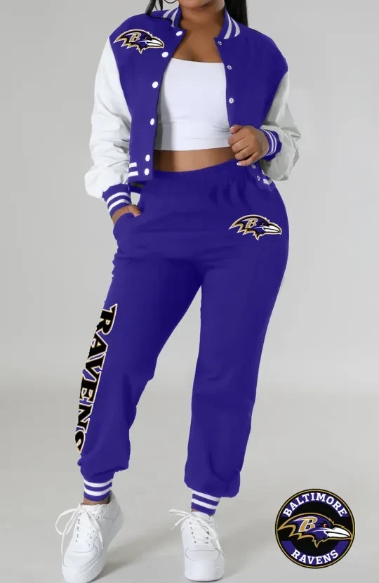 Baltimore Ravens Women’s Varsity Jacket, Crop Top And Sweatpants Tracksuit Set