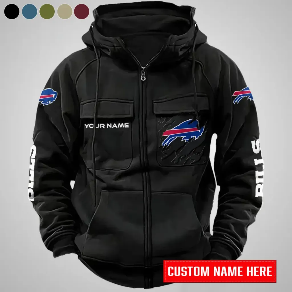 Buffalo Bills Personalized Multi-Pocket Zip-Up Hoodie