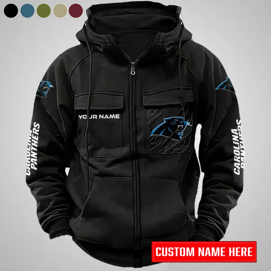 Carolina Panthers Personalized Multi-Pocket Zip-Up Hoodie