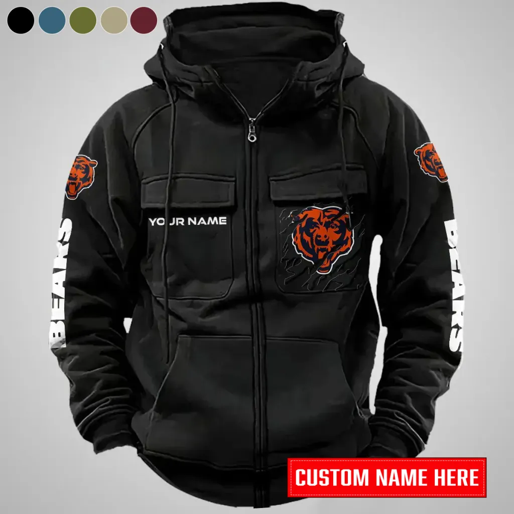 Chicago Bears Personalized Multi-Pocket Zip-Up Hoodie