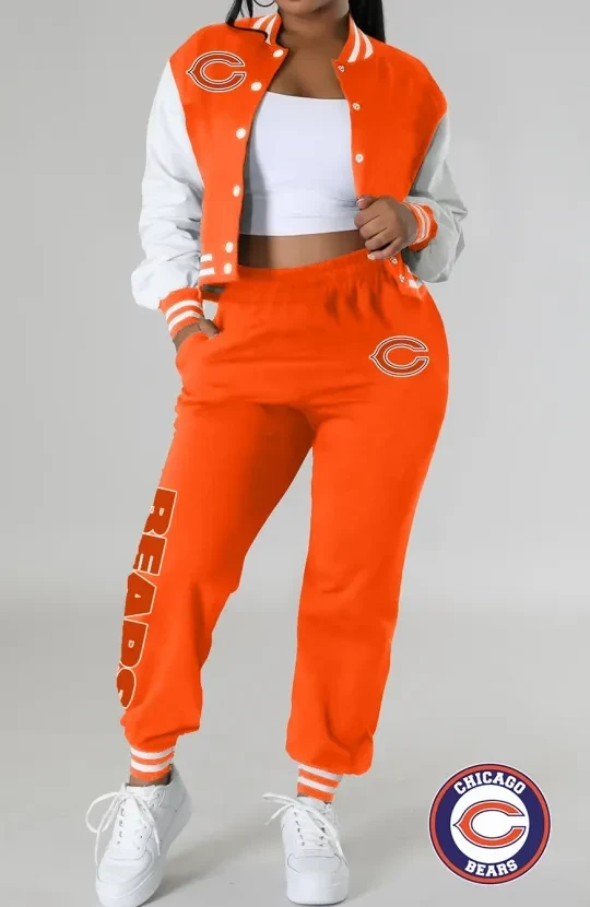 Chicago Bears Women’s Varsity Jacket, Crop Tops And Sweatpants Tracksuit Set