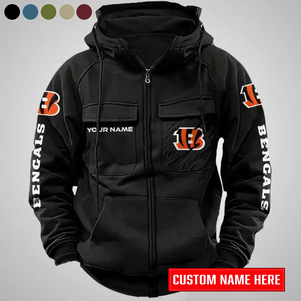 Cincinnati Bengals Personalized Multi-Pocket Zip-Up Hoodie