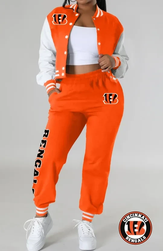 Cincinnati Bengals Women’s Varsity Jacket Crop Top And Sweatpants Tracksuit Set