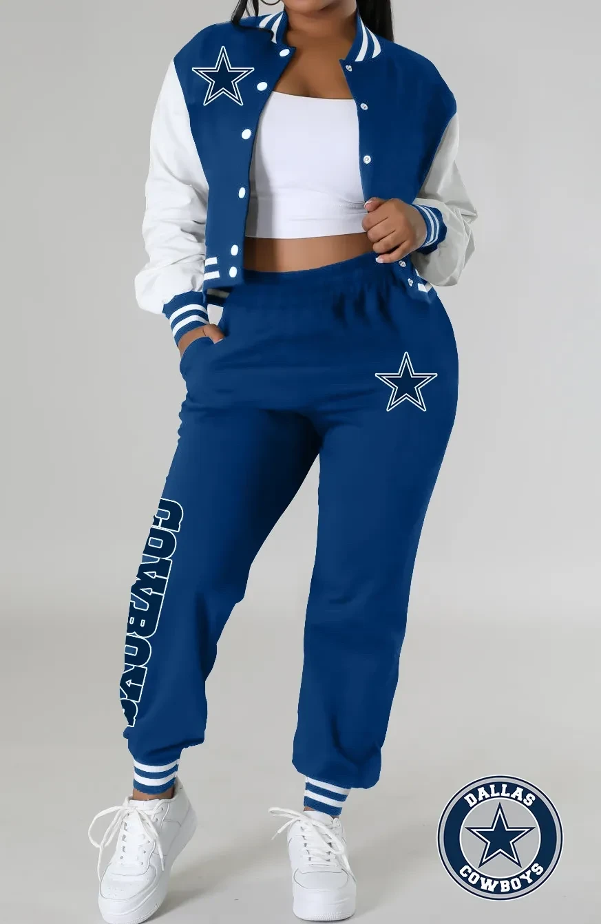 Dallas Cowboys Women’s Varsity Jacket, Crop Tops And Sweatpants Tracksuit Set