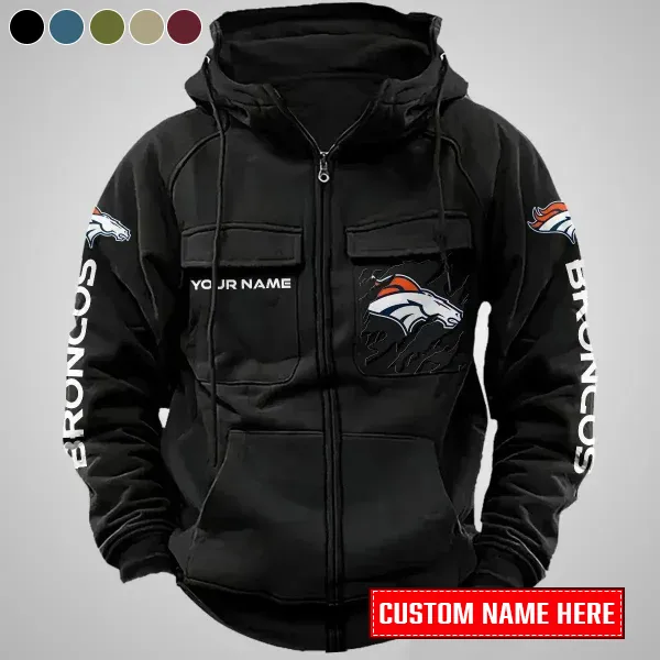 Denver Broncos Personalized Multi-Pocket Zip-Up Hoodie