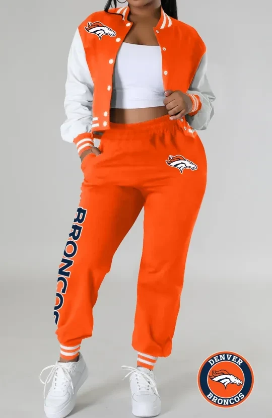 Denver Broncos Women’s Varsity Jacket Crop Top Sweatpants Tracksuit Set