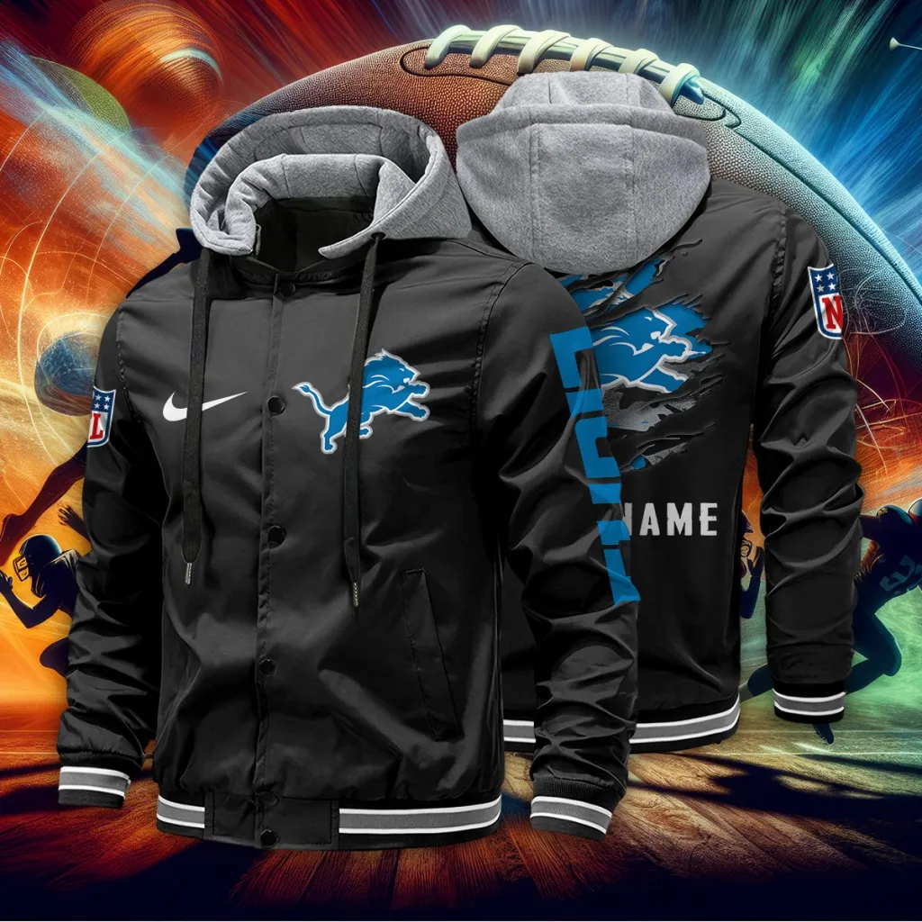 Detroit Lions Custom Baseball Jacket With Removable Hood