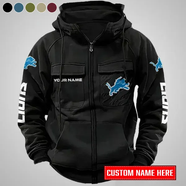 Detroit Lions Personalized Multi-Pocket Zip-Up Hoodie