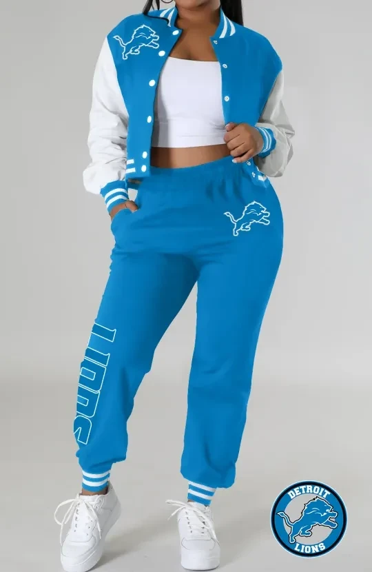 Detroit Lions Women’s Varsity Jacket, Crop Top And Sweatpants Tracksuit Set