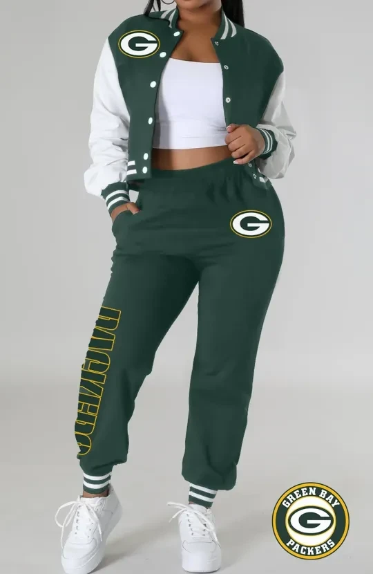 Green Bay Packers Women’s Varsity Jacket, Crop Tops And Sweatpants Tracksuit Set