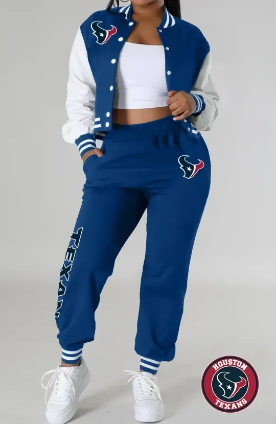 Houston Texans Women’s Varsity Jacket, Crop Tops And Sweatpants Tracksuit Set