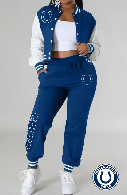 Indianapolis Colts Women’s Varsity Jacket, Crop Tops And Sweatpants Tracksuit