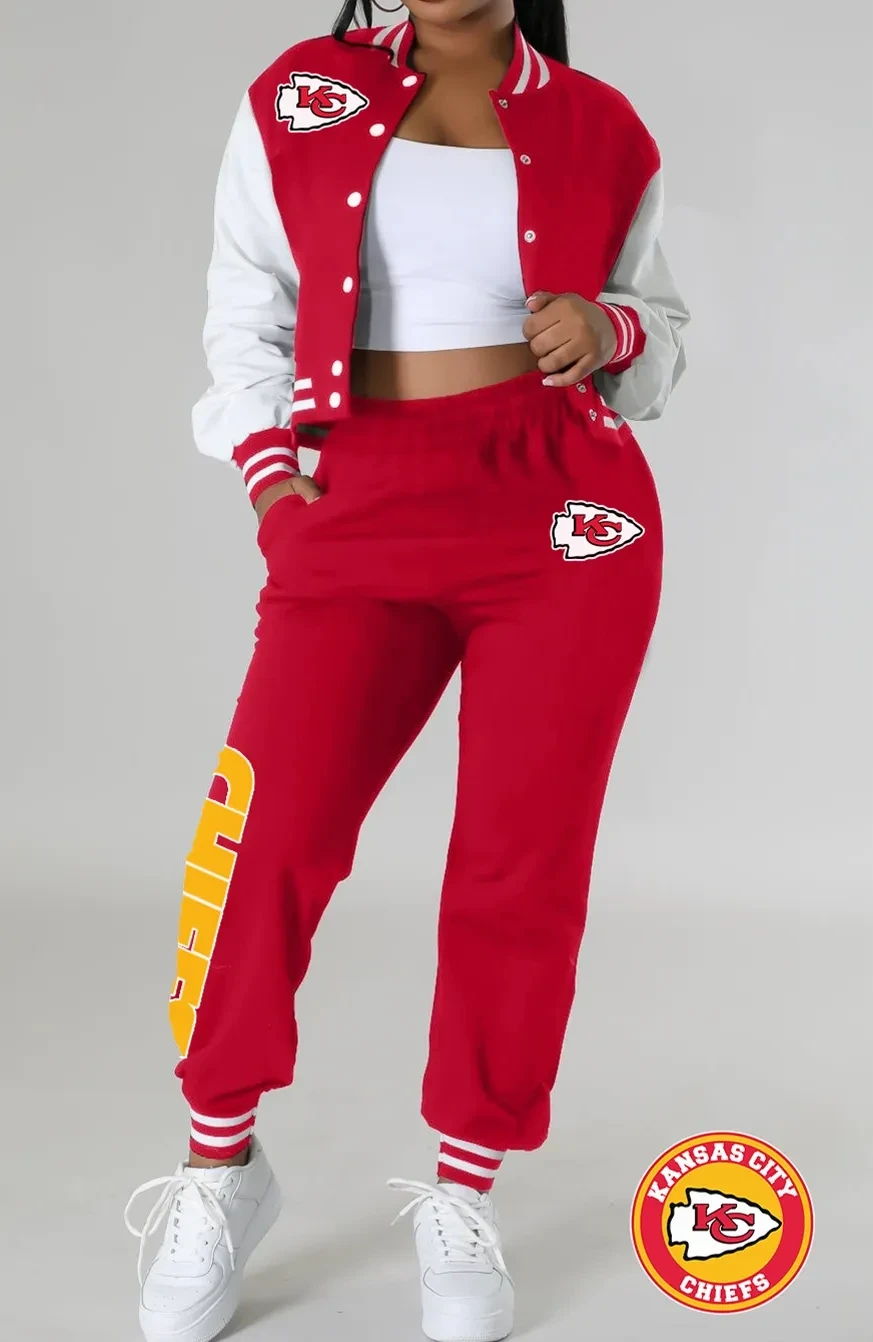 Kansas City Chiefs Women’s Varsity Jacket, Crop Tops And Sweatpants Tracksuit Set