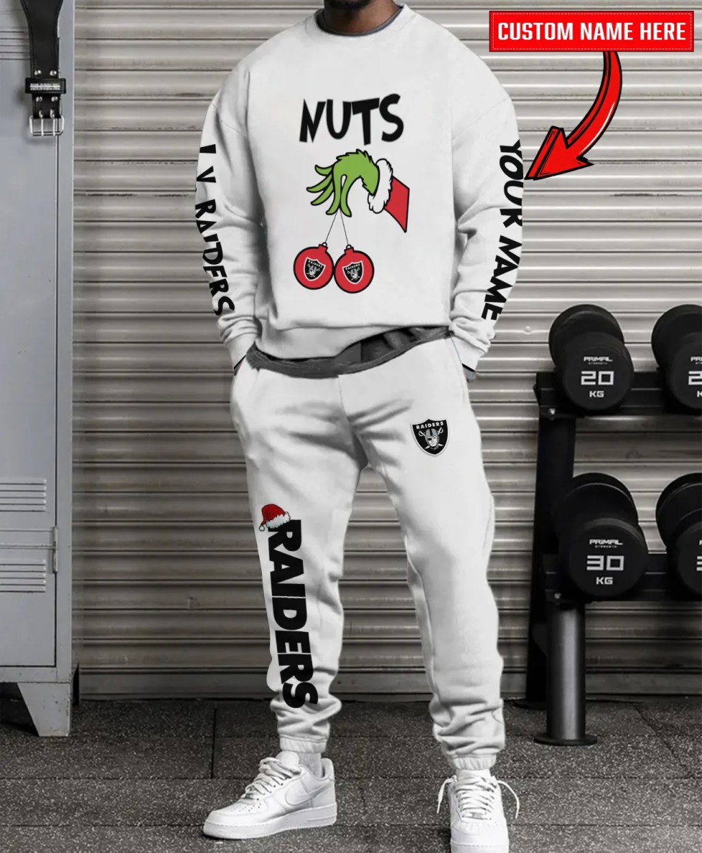 Las Vegas Raiders Christmas Collection White Sweatshirt And Sweatpants Combo