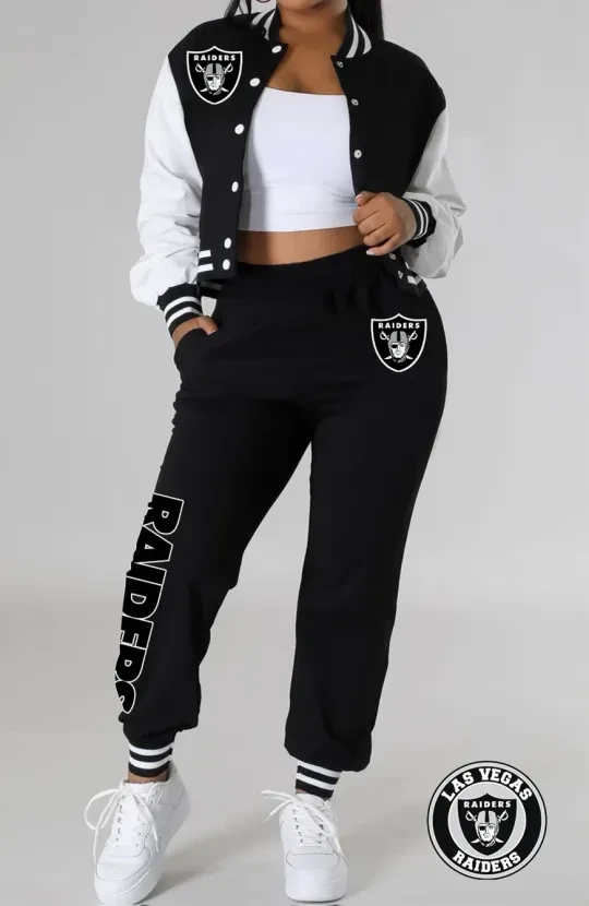 Las Vegas Raiders Women’s Varsity Jacket, Crop Tops And Sweatpants Tracksuit Set