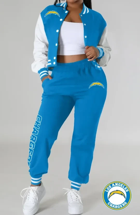 Los Angeles Chargers Women’s Varsity Jacket, Crop Top And Sweatpants Tracksuit Set