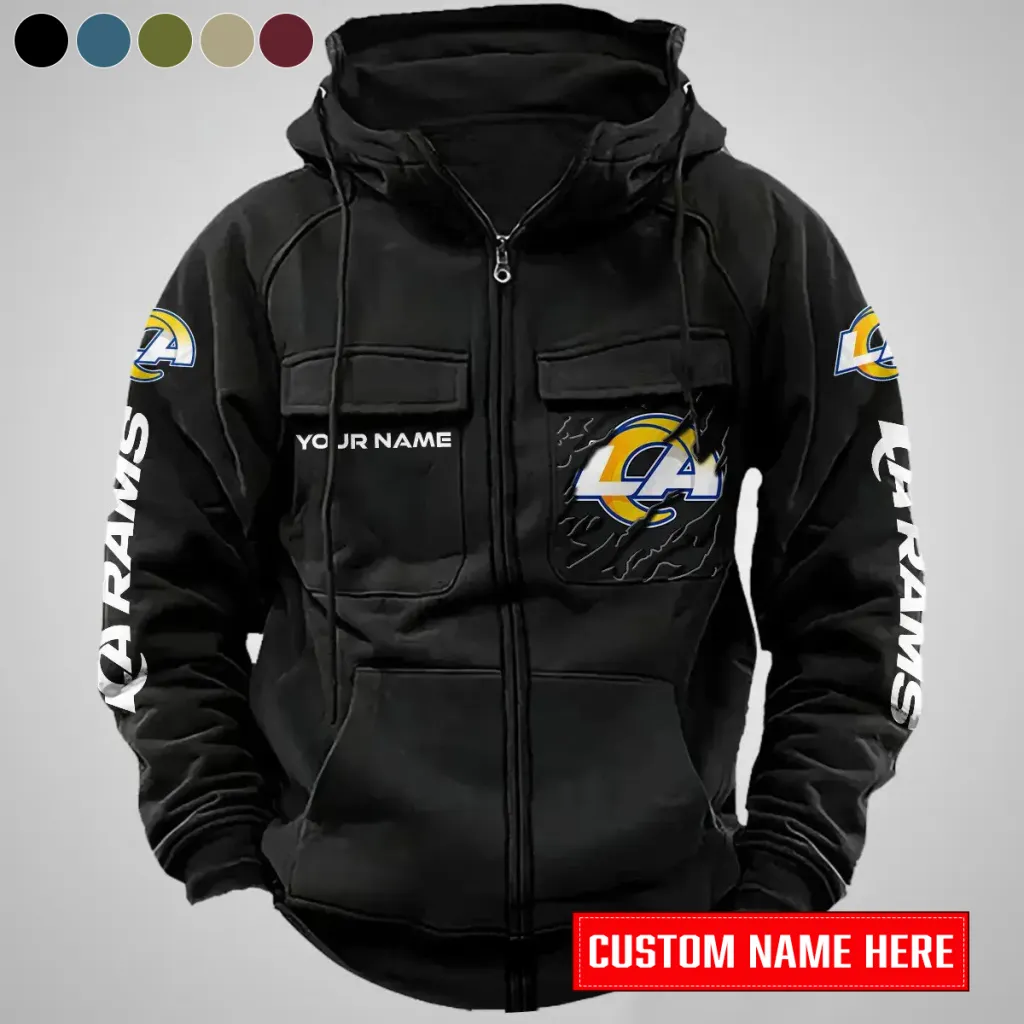 Los Angeles Rams Personalized Multi-Pocket Zip-Up Hoodie