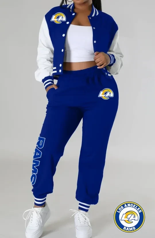 Los Angeles Rams Women’s Varsity Jacket, Crop Top And Sweatpants Tracksuit Set