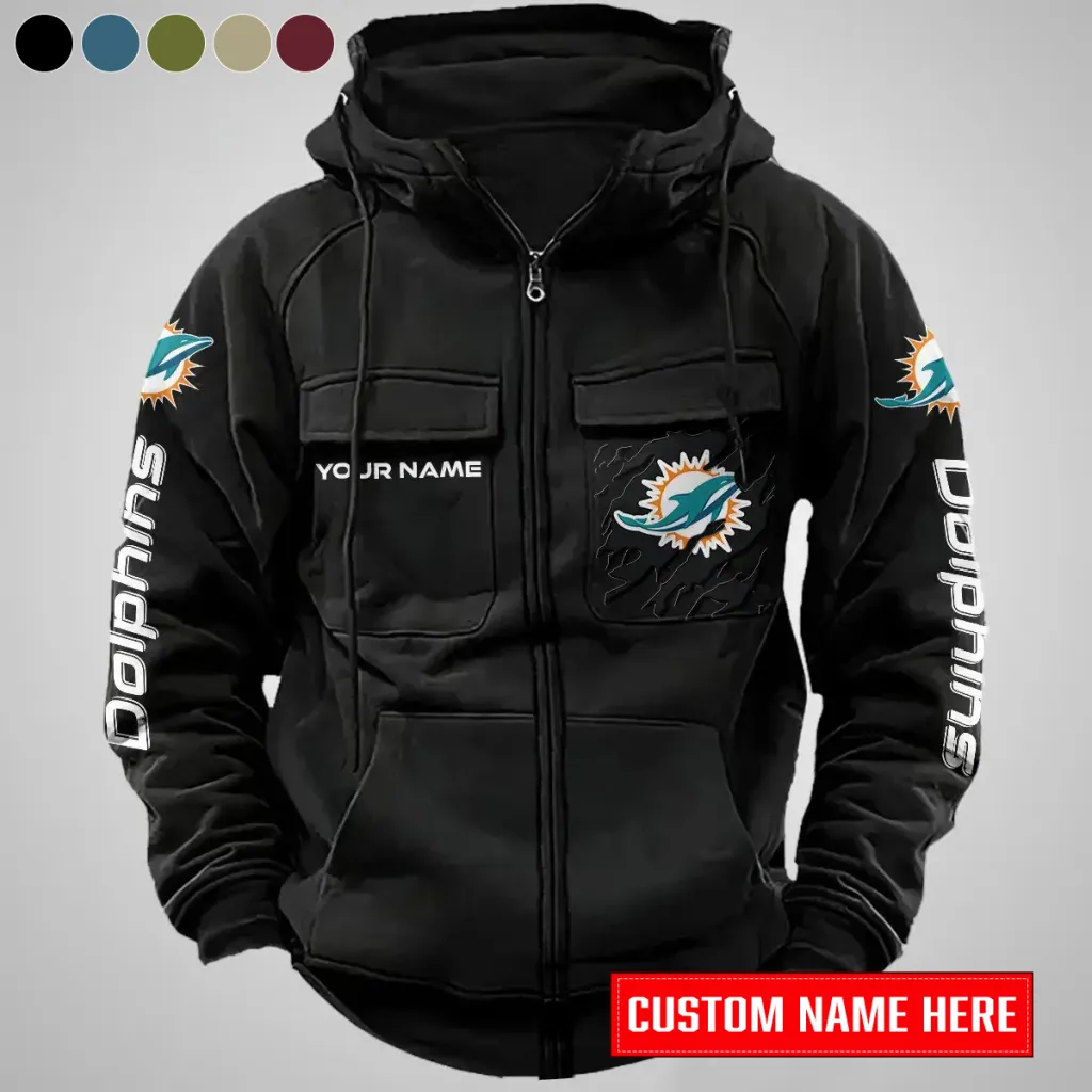 Miami Dolphins Personalized Multi-Pocket Zip-Up Hoodie