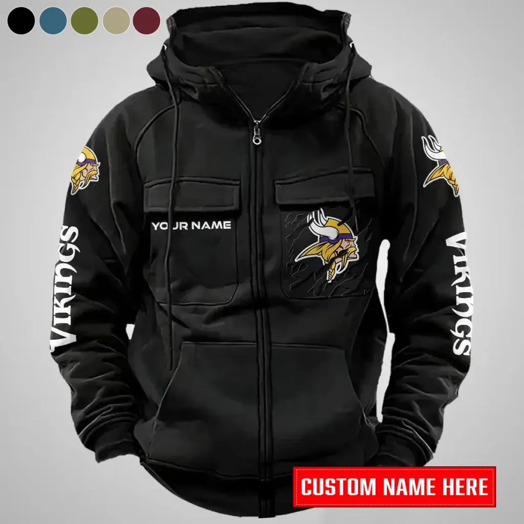 Minnesota Vikings Personalized Multi-Pocket Zip-Up Hoodie