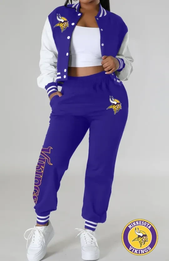 Minnesota Vikings Women’s Varsity Jacket, Crop Tops And Sweatpants Tracksuit Set