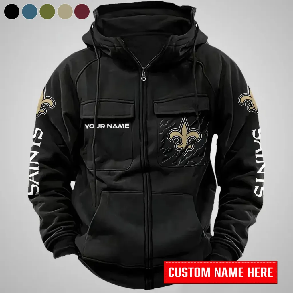 New Orleans Saints Personalized Multi-Pocket Zip-Up Hoodie