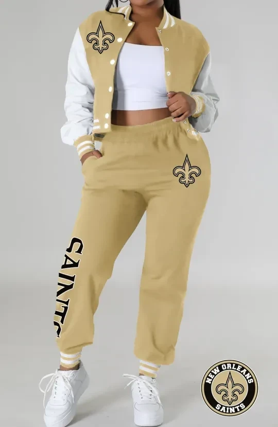 New Orleans Saints Women’s Varsity Jacket, Crop Top And Sweatpants Tracksuit Set