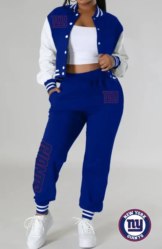 New York Giants Women’s Varsity Jacket, Crop Tops And Sweatpants Tracksuit Set