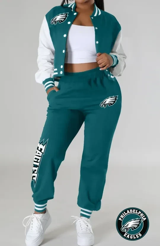 Philadelphia Eagles Women’s Varsity Jacket, Crop Tops And Sweatpants Tracksuit Set