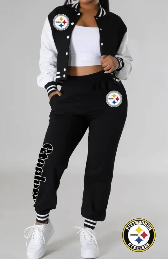 Pittsburgh Steelers Women’s Varsity Jacket, Crop Tops And Sweatpants Tracksuit Set