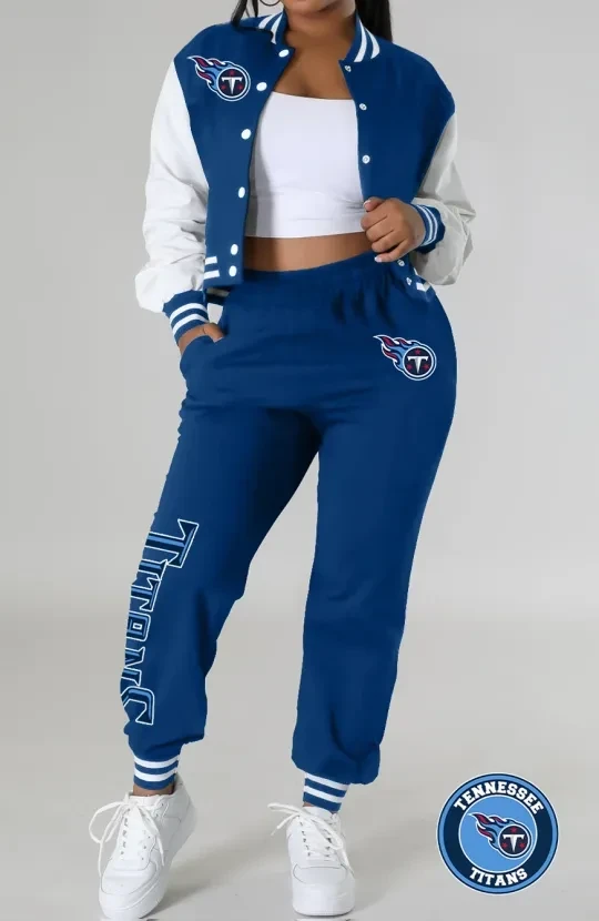 Tennessee Titans Women’s Varsity Jacket, Crop Top And Sweatpants Tracksuit Set