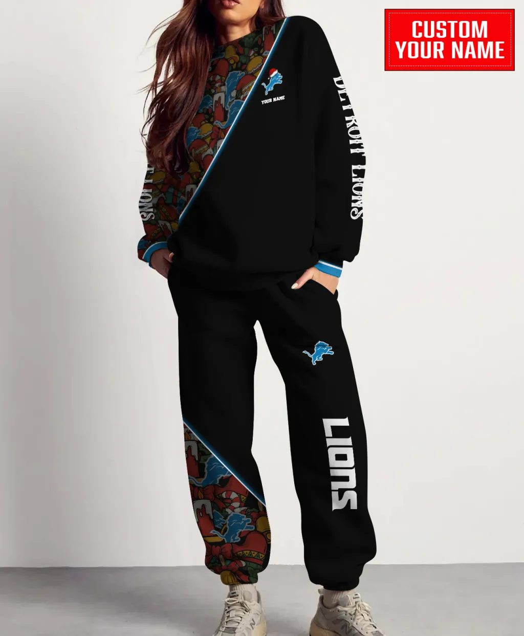 Unisex Detroit Lions Christmas Sweatshirt And Sweatpants Set – Black