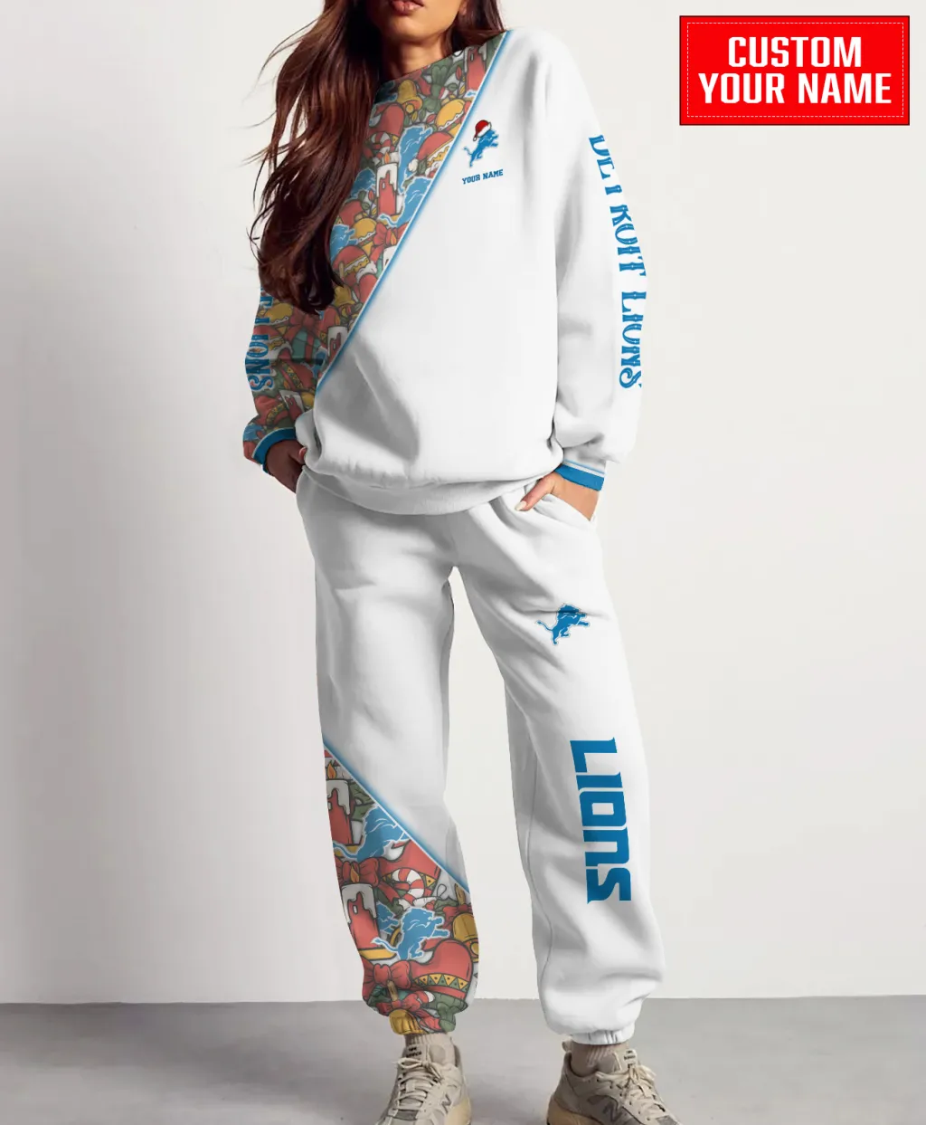 Unisex Detroit Lions Christmas Sweatshirt & Sweatpants Set – White Holiday Outfit