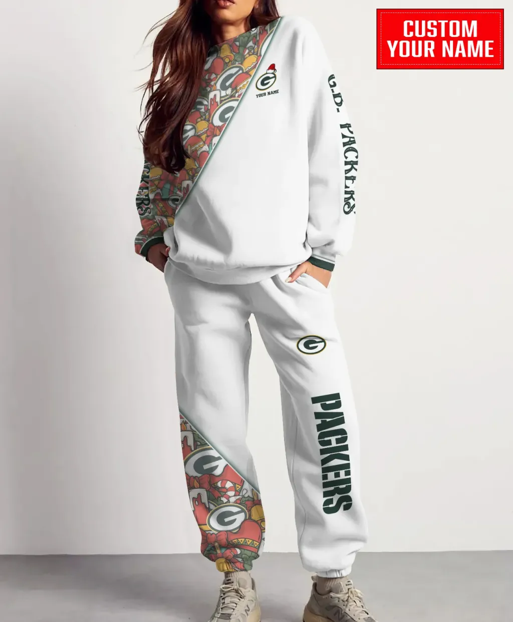 Unisex Green Bay Packers Christmas Sweatshirt And Sweatpants Set – White