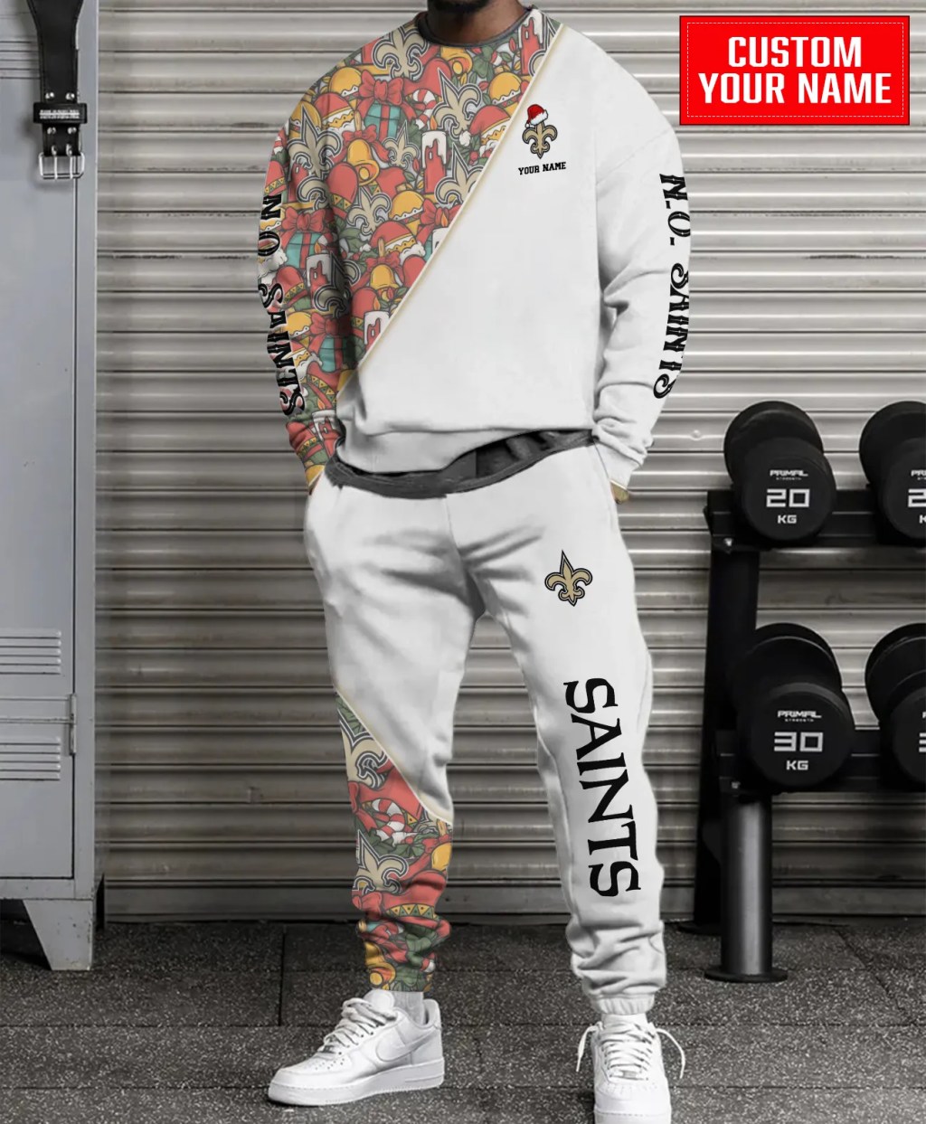 Unisex New Orleans Saints Christmas Sweatshirt & Sweatpants Set – White