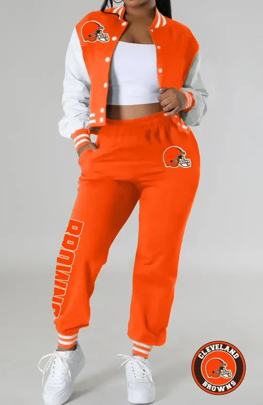 Women’s Cleveland Browns Varsity Jacket Crop Top And Sweatpants Tracksuit Set