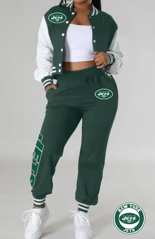 Women’s New York Jets Varsity Jacket Crop Top And Sweatpants Tracksuit Set