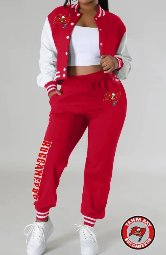 Women’s Tampa Bay Buccaneers Varsity Jacket Crop Top And Sweatpants Tracksuit Set