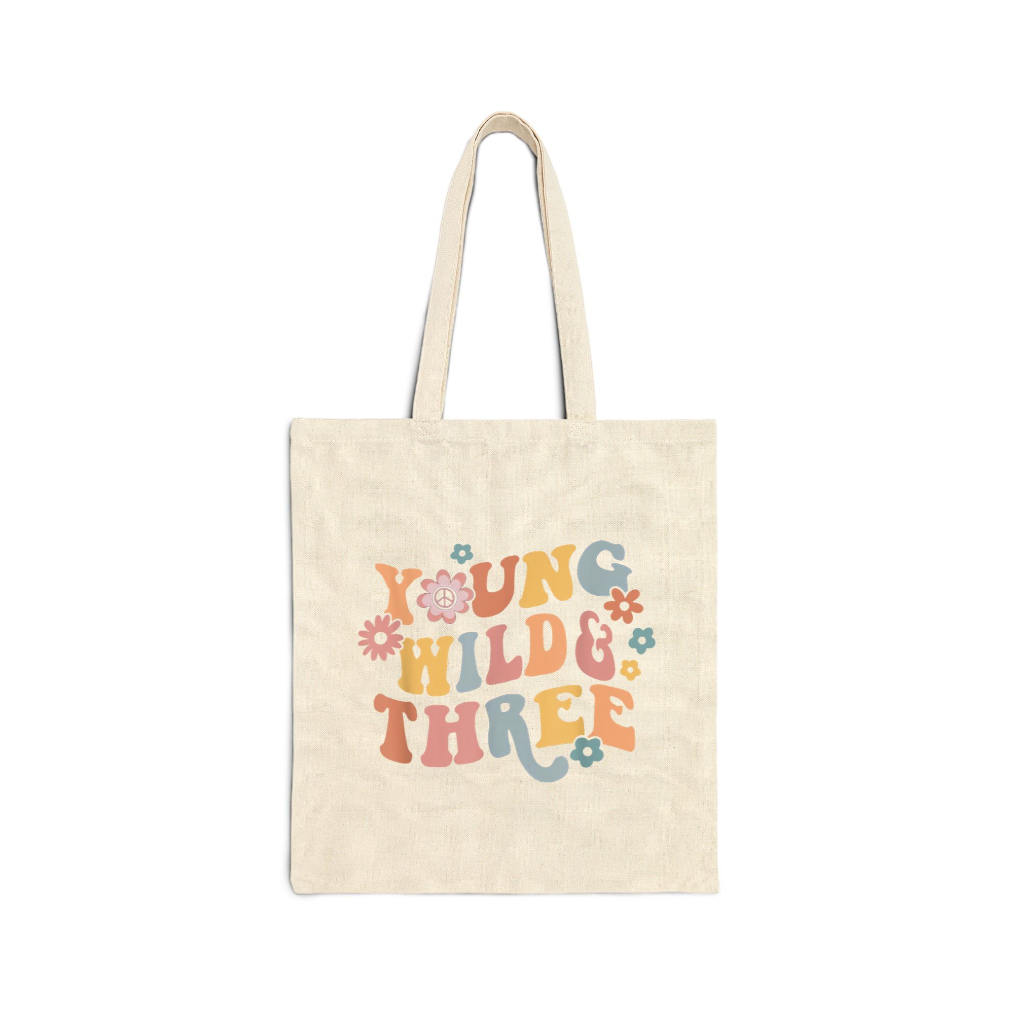 Young Wild & Three Retro Groovy 3Rd Birthday Toddler Kids Cotton Canvas Tote Bag